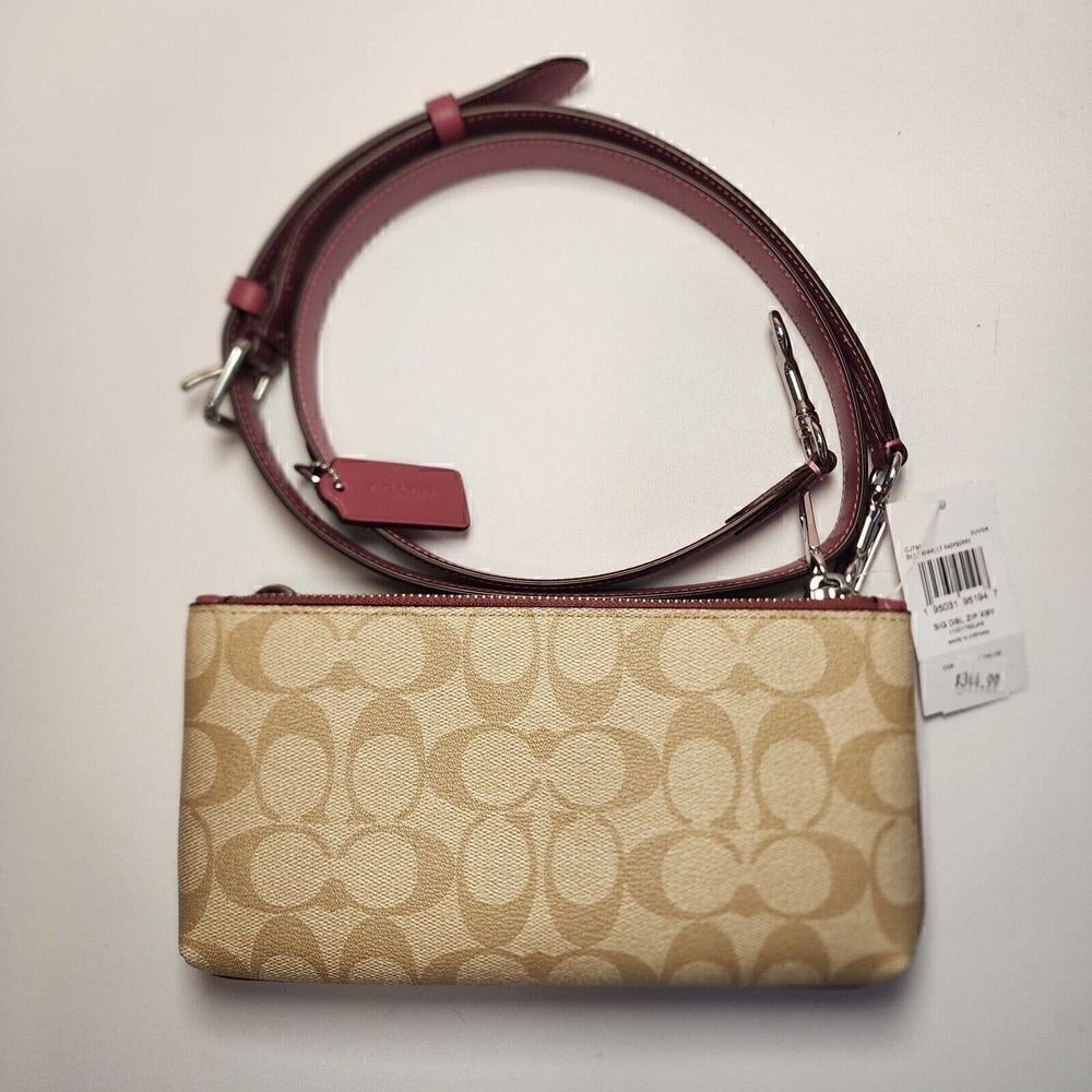 NWT Coach CJ790 Signature Double Zip Crossbody Handbag Light Khaki Raspberry - Picture 3 of 3